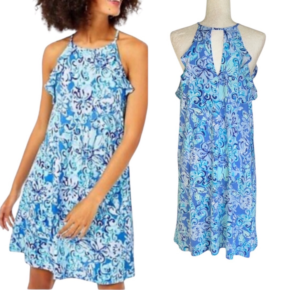 LN Lilly Pulitzer Billie Saltwater Blue Suns Out Funs Out Cutout Mini Dress - L
